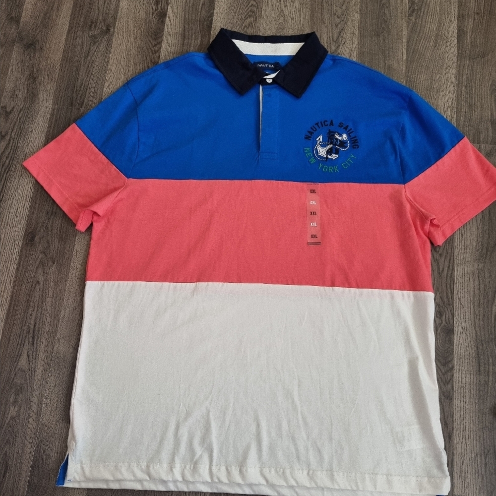 Nautica Men's Colorblock Polo Shirt - Blue, Pink, and White